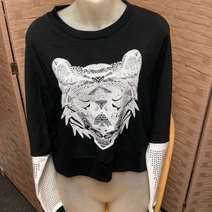 NWT VO JEANS L black white studded WOLF sheer back long sleeve crop top